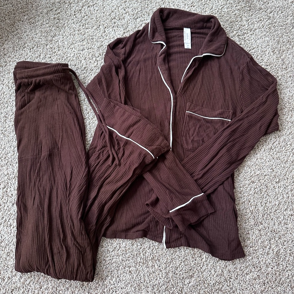 Viral Target Brown Pajama Set with White Trim